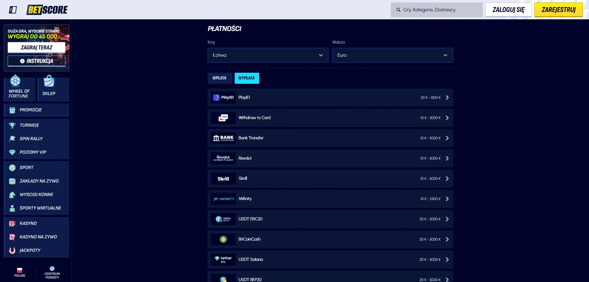 Zakłady sportowe w Betscore Casino z bonusem powitalnym do 100 EUR